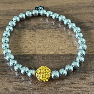 Rustic Cuff Goldtone Stainless and Pave Rhinestone Beaded Stretch Bracelet